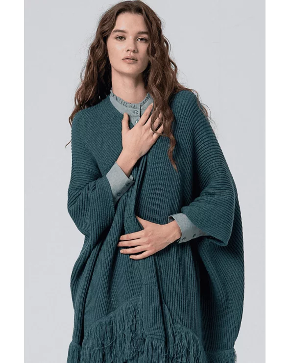 Poncho Tricot Abierto Flecos Azul Acero Surkana Esenziashopping Zaragoza